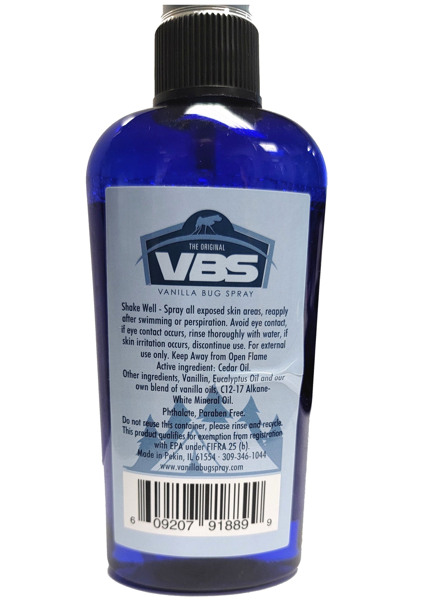Blue bottle of VBS Vanilla Bug Spray with label on a white background