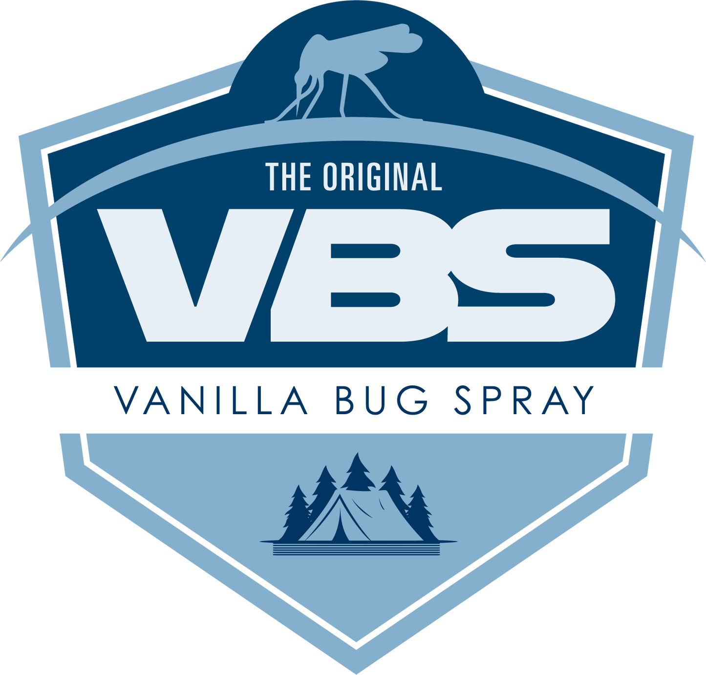 Logo for Vanilla Bug Spray with a blue and white design featuring trees and a tent.