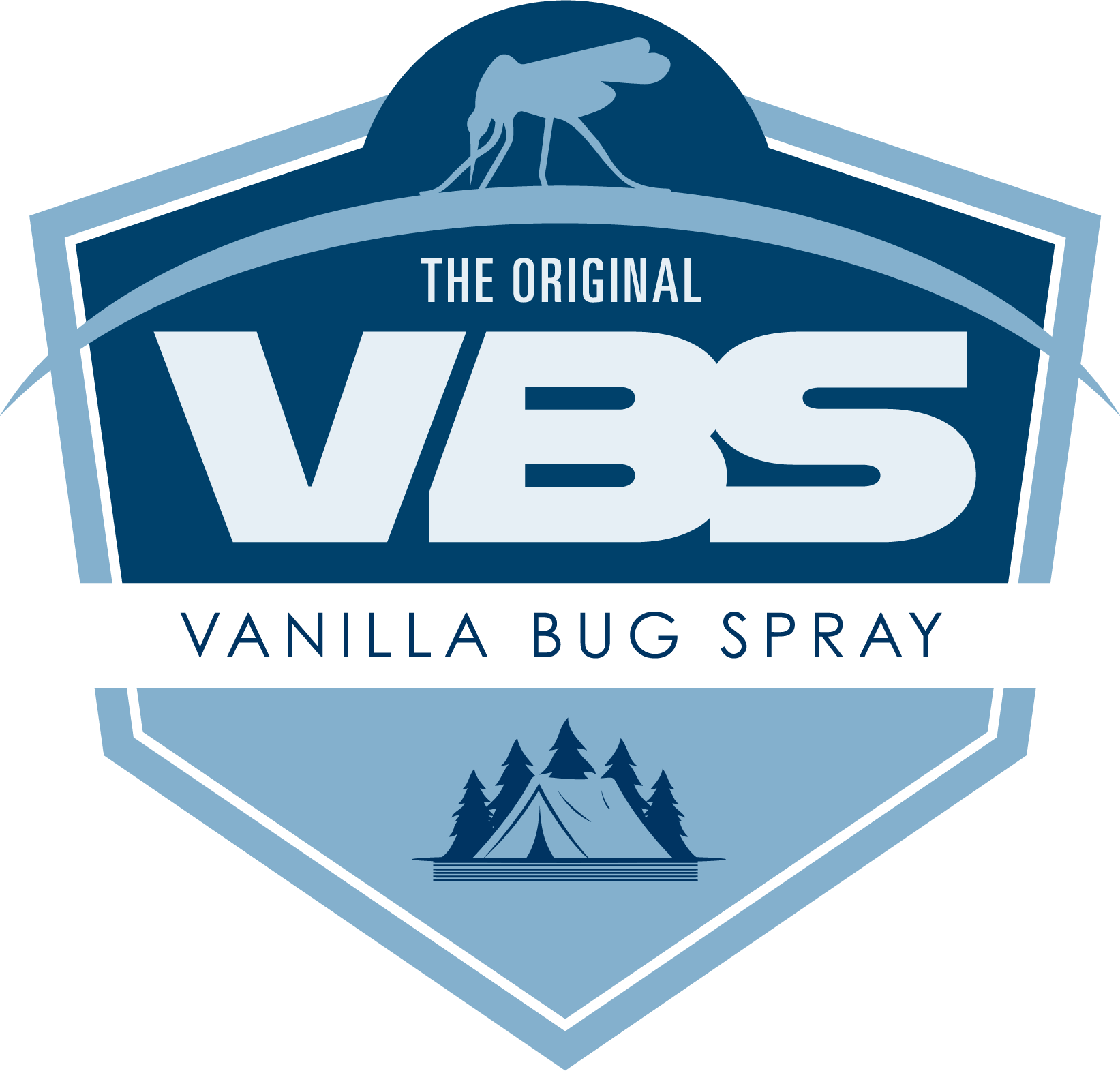 Logo for Vanilla Bug Spray with a blue and white design featuring trees and a tent.
