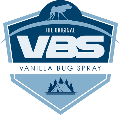 Logo for Vanilla Bug Spray with a blue and white design featuring trees and a tent.