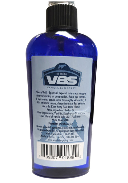 Blue bottle of VBS Vanilla Bug Spray with label on a white background