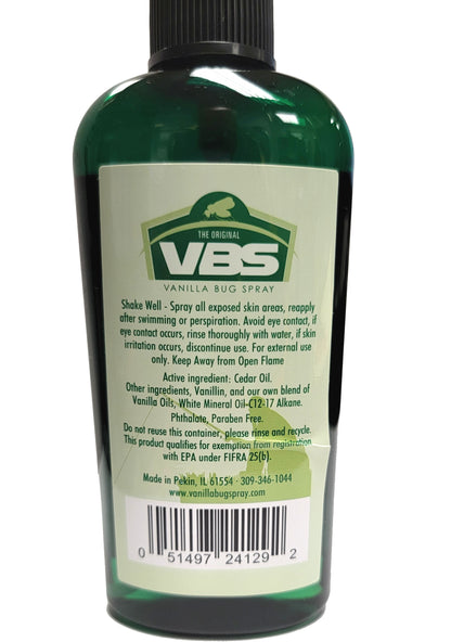 Bottle of VBS Vanilla Bug Spray with label on a white background